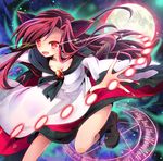  album_cover animal_ears boots breasts brooch cleavage cover danmaku enjoy_mix full_moon imaizumi_kagerou jewelry large_breasts long_hair long_sleeves magic_circle moon red_eyes red_hair shirt skirt solo tail touhou very_long_hair wide_sleeves wolf_ears wolf_tail 