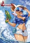  1girl alternate_costume animal_ears animal_nose bat_ears bat_girl bikini blue_eyeshadow blue_shirt blue_sky breasts cleavage cloud earrings eyeshadow furry furry_female hat hawaiian_shirt heart high-waist_bikini highres holding holding_water_gun jewelry lipstick looking_at_viewer makeup medium_breasts midriff navel nuthename red_lips red_nails rouge_the_bat shirt sky sonic_(series) stomach sunglasses swimsuit thighs tied_shirt water water_drop water_gun wet wet_clothes wet_pants white_fur 