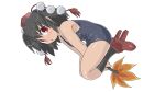  1girl arms_between_legs black_socks blue_one-piece_swimsuit blush breasts commentary_request from_side full_body geta hand_fan hat hauchiwa holding holding_fan medium_breasts old_school_swimsuit one-piece_swimsuit parted_lips pom_pom_(clothes) red_eyes red_hat red_shoes school_swimsuit shameimaru_aya shoes sideways_glance socks solo swimsuit tengu-geta thighs tokin_hat touhou transparent_background winn 