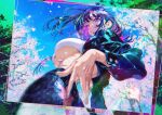  1girl absurdres bandeau black_jacket blue_sky breasts cherry_blossoms chromatic_aberration cleavage commentary_request english_commentary falling_petals floating_hair from_side highres inset_border jacket large_breasts long_eyelashes long_hair looking_at_viewer mixed-language_commentary momoyama_tits multicolored_hair open_clothes open_jacket original outdoors parted_lips petals pink_eyes pink_hair purple_hair sky solo two-tone_hair underboob white_bandeau 