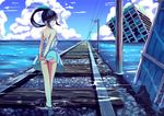  ass black_hair building cloud day dress green_eyes highres original overgrown panties pantyshot pantyshot_(standing) post-apocalypse railroad_tracks rock ruins shoes solo standing telegraph_lines underwear wading water yan_(nicknikg) 