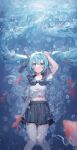  1girl absurdres air_bubble arm_up blue_eyes blue_hair bottle_miku bubble commentary_request feet_out_of_frame fish floating_hair goldfish hair_ribbon hatsune_miku highres long_hair looking_at_viewer midriff navel neckerchief pleated_skirt ribbon ririru school_uniform serafuku short_sleeves skirt twintails underwater very_long_hair vocaloid water 