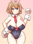  1girl alternate_costume animal_ear_hairband animal_ears between_breasts black_leotard blue_eyes breasts brown_hair clothes_between_breasts cowboy_shot cup detached_collar drinking_glass fake_animal_ears hairband hand_on_own_hip holding holding_cup huge_breasts kanon_(kurogane_knights) kantai_collection leotard low_ponytail necktie necktie_between_breasts one-hour_drawing_challenge pink_background playboy_bunny ponytail rabbit_ears red_necktie shot_glass smiile solo split_mouth standing strapless strapless_leotard thigh_gap valiant_(kancolle) wrist_cuffs 