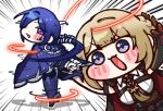  2girls arms_behind_back black_gloves black_jacket black_pants blonde_hair blue_boots blue_cloak blue_hair blush boots bound bound_wrists chest_harness chibi cloak commentary elbow_gloves emphasis_lines evelyn_chevalier gloves hair_over_one_eye harness jacket jacket_on_shoulders long_hair mole mole_under_eye motion_lines multiple_girls necktie open_mouth pants promeia_(zenless_zone_zero) purple_eyes shirt single_elbow_glove siu_(esiu3891) thigh_boots untranslatable_commentary white_background white_shirt yellow_necktie zenless_zone_zero 