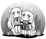  aoki_hagane_no_arpeggio carrying chibi double_bun food fruit greyscale hair_bun hair_ornament hair_ribbon i-400_(aoki_hagane_no_arpeggio) i-402_(aoki_hagane_no_arpeggio) jitome long_hair looking_at_viewer monochrome multiple_girls ribbon serizawa_enono sitting watermelon 