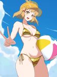  1girl :d ball beachball bikini blue_sky bob_cut breasts brown_eyes brown_hair cleavage cloud collarbone day floating_hair gold_bikini golden_week hair_ornament hairclip halterneck highres holding holding_ball holding_beachball looking_at_viewer mayomaru1 medium_breasts micro_bikini multiple_hair_clips navel open_mouth outdoors senki_zesshou_symphogear short_hair side-tie_bikini_bottom sideboob sky smile solo stomach swimsuit tachibana_hibiki_(symphogear) underboob upper_body v visor_cap yellow_visor_cap 