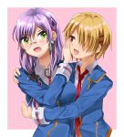  2girls :d absurdres blonde_hair blush border breasts collared_shirt commentary dress_shirt glasses green_eyes grey_hair hair_between_eyes hair_ornament hair_over_one_eye hair_tie hairclip hand_on_another's_cheek hand_on_another's_face heaven_burns_red highres hug izumi_yuki jacket kankitsu_o kayamori_ruka large_breasts long_bangs long_hair long_sleeves looking_at_another low_side_ponytail multiple_girls neck_ribbon necktie one_eye_covered open_clothes open_jacket open_mouth outside_border parallel_hairclips pink_background red_eyes red_necktie red_ribbon ribbon round_eyewear shirt short_hair side_ponytail simple_background smile upper_body v-shaped_eyebrows white_border white_shirt yuri 