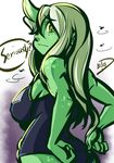  adjusting_clothes adjusting_swimsuit big-d breasts bug fly freckles green_eyes green_skin hair_over_one_eye horn insect large_breasts long_hair nurgle one-piece_swimsuit school_swimsuit silver_hair solo swimsuit warhammer_40k 