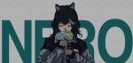  1girl afterdraw animal_ear_piercing animal_ears black_hair black_jacket blue_flower character_name commentary_request dog_ears dog_girl flower grey_background grey_jacket grey_streaks highres holding holding_flower jacket kmnz multicolored_hair multicolored_jacket nero_(kmnz) open_clothes open_jacket portrait solo streaked_hair two-tone_jacket virtual_youtuber yellow_flower 