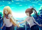  blonde_hair blue_eyes brown_hair highres lens_flare multiple_girls ocean original railing red_eyes school_uniform serafuku tears tree yan_(nicknikg) 