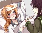  abukuma_(kantai_collection) aqua_eyes bangs bed berukko blunt_bangs blush braid brown_eyes brown_hair hair_down hand_on_own_head kantai_collection kitakami_(kantai_collection) long_hair lying multiple_girls orange_hair pajamas pillow sailor_collar school_uniform serafuku sick single_braid sweat thermometer 