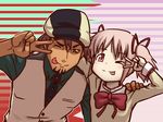  &gt;_o 1girl arm_around_neck bow brown_eyes brown_hair crossover facial_hair goatee habatakuhituji hair_ribbon hand_on_shoulder hat horizontal-striped_background kaburagi_t_kotetsu kaname_madoka looking_at_viewer mahou_shoujo_madoka_magica one_eye_closed pink_eyes pink_hair ribbon school_uniform short_twintails smile striped striped_background tiger_&amp;_bunny tongue tongue_out twintails v_over_eye vest 