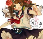  bad_id bad_pixiv_id beamed_eighth_notes brown_hair digital_media_player drawing eighth_note flower green_eyes hair_flower hair_ornament headphones heart highres holding holding_stylus left-handed lingmuzi long_hair musical_note original rose school_uniform serafuku skirt smile solo stylus wavy_hair white_background wings 