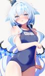  1girl absurdres blue_eyes blue_hair blue_wings blush bright_pupils cerydra_(honkai:_star_rail) covered_navel crown fingernails highres honkai:_star_rail honkai_(series) long_hair mini_crown school_swimsuit sweat swimsuit white_pupils wings yoshimura_pmc38 