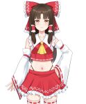  1girl akasaka_sato ascot black_panties bow breasts brown_eyes brown_hair closed_mouth commentary_request detached_sleeves frilled_bow frilled_hair_tubes frilled_skirt frills hair_bow hair_tubes hakurei_reimu highleg highleg_panties highres long_hair looking_at_viewer medium_breasts midriff navel panties patterned red_bow red_skirt ribbon-trimmed_sleeves ribbon-trimmed_thighhighs ribbon_trim simple_background skirt skirt_set smile solo thighhighs touhou underwear white_background white_thighhighs yellow_ascot 