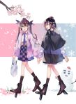  2girls absurdres alternate_costume bag black_capelet black_hair black_shoes black_skirt black_socks blue_background blue_sweater bottle bow branch brown_hair capelet checkered_clothes checkered_skirt cherry_blossoms cherry_tree commentary_request cover cover_page crossed_bangs double-parted_bangs doujin_cover falling_petals flower flower_request frilled_skirt frills geta gradient_background grass hair_between_eyes hair_bow hat highres himekaidou_hatate holding holding_bag jacket long_hair long_sleeves multiple_girls necktie open_mouth petals pink_background pointy_ears purple_background purple_bow purple_eyes purple_hat purple_jacket purple_necktie purple_skirt red_eyes red_flower red_hat second-party_source shameimaru_aya shirt shoes shopping_bag short_hair skirt smile snow snowflakes snowman socks sweater swept_bangs tadano_kagekichi tengu-geta textless_version tokin_hat touhou twintails walking white_background white_shirt white_sleeves 