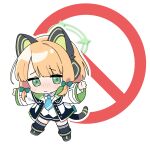  1girl animal_ear_headphones animal_ears black_boots black_jacket black_shorts black_thighhighs blonde_hair blue_archive blue_necktie blush boots bow cat_ear_headphones cat_ears cat_tail chibi chibi_only chinese_commentary closed_mouth collared_shirt commentary_request fake_animal_ears fake_tail full_body furrowed_brow green_bow green_eyes green_halo green_jacket hair_bow halo headphones jacket layered_sleeves long_sleeves looking_at_viewer low-tied_sidelocks midori_(blue_archive) multicolored_jacket necktie nose_blush open_clothes open_jacket outline outstretched_arms parted_bangs road_sign shirt shorts sidelocks sign solo spread_arms stop_sign tail thighhighs torimew transparent_background white_jacket white_outline white_shirt 