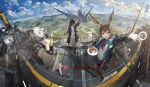  1boy 2girls :d absurdres against_railing amiya_(arknights) animal_ears aqua_eyes arknights arm_up ascot black_boots black_choker black_gloves black_jacket black_pantyhose blue_skirt blue_sky boots cake cake_slice cat_ears choker cloud commentary covered_face cup doctor_(arknights) dress drink drinking_glass english_commentary fisheye food gloves gradient_hair green_dress green_eyes hand_on_railing highres holding holding_drink holding_plate holding_umbrella hood hood_up infection_monitor_(arknights) jacket jewelry kal'tsit_(arknights) kieed landscape long_bangs long_hair looking_afar looking_at_viewer material_growth medium_hair multicolored_hair multiple_girls multiple_rings off_shoulder on_rooftop open_clothes open_jacket oripathy_lesion_(arknights) outdoors outstretched_arm outstretched_hand pantyhose plate purple_ascot rabbit_ears railing ring rooftop skirt sky smile standing studio_lights sweater toasting_(gesture) umbrella white_hair white_jacket white_sweater wide_shot 