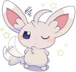 ambiguous_gender blush blush_stickers dipstick_ears dipstick_tail ear_markings feral generation_5_pokemon grey_body grey_ears grey_tail hands_behind_back head_tuft hi_res inner_ear_fluff looking_at_viewer markings minccino multicolored_ears neck_tuft nintendo noddyuou one_eye_closed path_lines pink_inner_ear pokemon pokemon_(species) semi-anthro solo star_polygon tail tail_markings tail_motion tailwag tuft white_ear_tips white_tail_tip