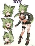  1girl absurdres ahoge animal_ear_fluff animal_ears asymmetrical_clothes asymmetrical_legwear belt bikini black_belt black_collar black_nails black_shirt blush brown_bikini collar crocodile_girl crocodilian_tail earrings english_commentary fang fingerless_gloves fishnet_pantyhose fishnets full_body gloves green_eyes green_hair green_shorts hand_on_own_hip hepari highres jewelry looking_at_viewer midriff mole mole_under_eye multiple_expressions multiple_views navel original pantyhose portrait scales sharp_teeth shirt short_shorts shorts smile solo spiked_collar spikes swimsuit tail teeth thigh_harness thigh_strap tongue tongue_out torn_clothes torn_pantyhose wavy_mouth wolf_ears 