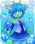  1girl abduction alien alien_miku_(zambiie) alternate_species animated animated_gif antennae blue_background blue_eyes blue_hair brooch colored_skin cow energy_gun flying_saucer green_skin hatsune_miku holding holding_energy_gun holding_weapon inky_trash jewelry little_green_men number_print ray_gun shirt spacecraft star_brooch tractor_beam ufo ufo_hair_ornament vocaloid weapon 