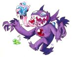  absurdres blue_gem gem gem_eyes green_gem highres long_tongue no_humans open_mouth pokemon pokemon_(creature) railroadlion red_gem sableye sharp_teeth signature simple_background solo teeth tongue tongue_out white_background 