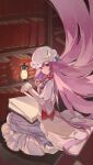  1girl absurdly_long_hair absurdres blue_bow book bookshelf bow capelet chinese_commentary commentary_request crescent crescent_hat_ornament dress floating_hair hair_bow hat hat_ornament highres kenkxx lantern long_hair long_sleeves looking_at_viewer mob_cap open_book patchouli_knowledge pink_capelet pink_dress pink_hat purple_eyes purple_hair red_bow sitting solo striped_clothes striped_dress touhou vertical-striped_clothes vertical-striped_dress very_long_hair 