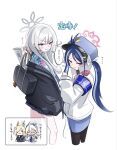  4girls animal_ear_fluff animal_ears antenna_hair armband blonde_hair blue_archive blue_hair blue_halo blue_necktie blue_shirt extra_ears floral_print_shirt fubuki_(blue_archive) grey_eyes grey_hair hair_over_one_eye halo hawaiian_shirt kanna_(blue_archive) kirino_(blue_archive) konoka_(blue_archive) long_hair mask mouth_mask multiple_girls necktie open_mouth purple_armband racoon5 shirt simple_background speech_bubble surgical_mask twintails white_background white_hair white_mask 