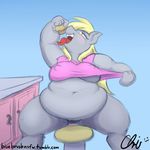  2014 anthro anthrofied big_belly blonde_hair blue_background blush clothing crispychris derpy_hooves_(mlp) equine female food friendship_is_magic fur grey_fur hair holding horse mammal muffin my_little_pony navel open_mouth plain_background pony sitting solo tongue tongue_out undressing 