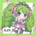  1girl birthday bow chibi chibi_only colored_eyelashes commentary_request confetti contrapposto dated deformed dress drill_hair elbow_gloves falulu frilled_bow frilled_dress frills full_body gloves green_background green_theme grey_eyes grid_background happy_birthday highres holding holding_microphone kinoshita_aki long_hair microphone no_nose no_pupils open_mouth pink_bow pink_dress pretty_series pripara silver_tiara solo tareme tatsunoko_pro twin_drills twintails watermark white_bow white_gloves 