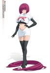  1girl alternate_hairstyle black_boots black_gloves black_shirt blue_eyes blush boots closed_mouth commentary commission cropped_jacket elbow_gloves gloves hand_on_own_hip highres jacket jessie_(pokemon) mzrz navel pokemon pokemon_(anime) purple_hair raised_inner_eyebrows severed_hair shirt short_hair skirt solo standing team_rocket team_rocket_uniform thigh_boots white_background white_jacket white_skirt 