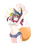  1girl absurdres animal_ear_fluff animal_ears arm_up bikini blue_archive breasts brown_hair closed_eyes denim denim_shorts flower fox_ears fox_girl fox_tail front-tie_bikini_top front-tie_top hair_flower hair_ornament halo highleg highleg_bikini highres izuna_(blue_archive) izuna_(swimsuit)_(blue_archive) large_tail medium_breasts micro_shorts navel official_alternate_costume pink_halo pink_scarf qri scarf shorts solo stretching striped_bikini striped_clothes sunflower sunflower_hair_ornament swimsuit tail visor_cap 