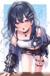  1girl 35jkk black_hair choker garter_straps highres ichinose_uruha jacket long_hair purple_eyes shorts tank_top thighs virtual_youtuber vspo! white_tank_top 