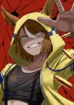  1girl animal_ears black_shirt blaze_octopus breasts brown_hair bullet collarbone dicta_striker_(racing)_(umamusume) ears_through_headwear ears_through_hood grin hair_between_eyes highres hood hooded_jacket hoodie horse_ears horse_girl jacket long_sleeves looking_at_viewer multicolored_hair open_mouth shirt short_hair small_breasts smile solo streaked_hair suspenders teeth umamusume umamusume:_cinderella_gray upper_body white_hair yellow_eyes yellow_hood yellow_hoodie yellow_jacket 