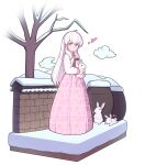  1girl absurdres ahoge animal bare_tree blush brick_wall closed_mouth cloud commentary_request commission english_commentary full_body heart hh highres holding holding_animal holding_rabbit long_hair long_skirt long_sleeves looking_at_viewer mixed-language_commentary original outdoors pink_eyes pink_skirt rabbit rabbit-shaped_pupils shirt skirt smile snow solo standing symbol-shaped_pupils tree white_background white_hair white_shirt winter 