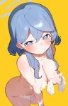  1girl absurdres ako_(blue_archive) areola_slip blue_archive blue_eyes blue_hair blush breasts closed_mouth commentary_request completely_nude convenient_censoring goe_(g-o-e) halo highres holding holding_towel large_breasts looking_at_viewer nude simple_background soap_bubbles soap_censor solo standing towel wet yellow_background 