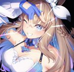  1girl absurdres almond_eye_(the_changer)_(umamusume) almond_eye_(umamusume) bare_shoulders black_background blue_eyes blue_gloves blue_hair braid breasts brown_hair cleavage collarbone fingerless_gloves gloves highres horse_girl kirino_mist long_hair looking_at_viewer medium_breasts multicolored_hair one_eye_closed pink_hair simple_background single_braid solo umamusume 