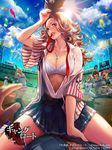  6+boys artist_name balloon baseball_cap billboard bleachers blonde_hair blue_sky blurry bra breasts brown_eyes brown_hair cleavage cloud collarbone commentary_request confetti curly_hair day depth_of_field fingernails frilled_bra frills furyou_michi_~gang_road~ girl_on_top glint hat highres jersey jewelry lace lace-trimmed_bra large_breasts lens_flare lips long_hair mizuno_eri_(gang_road) mouth_hold multiple_boys necklace open_clothes open_shirt out_of_frame pleated_skirt pov pov_hands see-through shirt short_sleeves sitting sitting_on_person skirt sky solo_focus stadium straddling striped sun sunlight sweat tajima_yukie underwear untied vertical_stripes watermark wet wet_clothes wet_shirt white_bra 