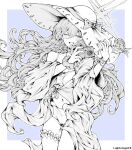  1girl absurdres artist_name atsuko_(blue_archive) atsuko_(swimsuit)_(blue_archive) belly blue_archive breasts camera collarbone dress floating_hair flower frilled_thigh_strap hat highres holding holding_camera holding_flower lightningace long_hair looking_at_viewer monochrome navel off_shoulder one_eye_closed open_mouth see-through_clothes see-through_dress simple_background small_breasts smile solo tank_top thigh_strap two-tone_background white_hat 