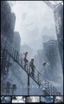  1girl absurdres artist_name asteroid_ill backpack bag brown_hair commentary frosmoth highres jacket kyurem logo long_hair magnezone orbeetle pokemon pokemon_(creature) ponytail red_jacket regice ruins scizor snow snow_on_head solo stairs walking white_kyurem white_kyurem_(overdrive) 
