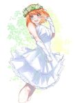  1girl :d bare_shoulders blue_eyes blush bob_cut breasts commentary_request cropped_legs dress elbow_gloves finger_counting fingerless_gloves floating_hair flower flower_wreath gloves go-toubun_no_hanayome hand_up head_wreath highres large_breasts layered_dress medium_dress nakano_yotsuba open_mouth orange_hair sakai_animeta short_hair sketch sleeveless sleeveless_dress smile solo standing wedding_dress white_background white_dress white_flower white_gloves 