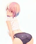  ass buruma gym_uniform holding_arm original panties panties_under_buruma pink_hair red_eyes see-through shirt shizuma_yoshinori short_hair solo tied_shirt underwear wet wet_clothes wet_shirt white_panties 