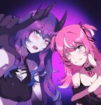  black_collar black_hands black_shirt blue_eyes blue_hair blush breasts camila_(vtuber) cleavage closed_mouth collar colored_extremities cottontail_(vtuber) crop_top demon_girl demon_horns facial_mark fatpenguinz gem gradient_hair heart heart-shaped_gem heart_facial_mark heterochromia highres horns indie_virtual_youtuber large_breasts long_hair multicolored_hair multiple_horns open_mouth pale_skin pink_gem pink_hair pointy_ears purple_eyes purple_hair shirt short_twintails streaked_hair torn_clothes twintails virtual_youtuber white_hair white_streaks 