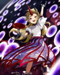  1girl absurdres arm_up blonde_hair blush chain commentary_request cup danmaku highres holding holding_cup horns hoshiguma_yuugi kaigen_1025 leaf_print long_hair looking_at_viewer maple_leaf_print oni open_mouth pointy_ears puffy_short_sleeves puffy_sleeves purple_skirt red_eyes red_horns sakazuki shirt short_sleeves single_horn skirt smile solo touhou very_long_hair white_shirt 