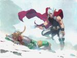  2boys adoptive_siblings armor black_tunic blonde_hair blood blood_on_clothes blood_on_face blood_on_snow boots broken_horn brothers can't_choose_your_own_family cape clenched_teeth esad_ribic fake_horns floating_cape gold_helmet green_pants green_shirt grey_helmet hammer helmet holding holding_hammer holding_weapon horned_helmet horns implied_after_fight loki_(marvel) marvel mature_male mjolnir_(marvel) multiple_boys muscular muscular_male nosebleed on_ground open_mouth pants pauldrons realistic red_cape shirt shoulder_armor siblings snow teeth third-party_source thor_(marvel) thor_(marvel)_(series) traditional_media tunic weapon winged_helmet yellow_boots 