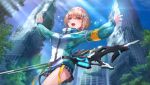  1girl aqua_jacket armband ass black_skirt blue_sky blunt_bangs blurry blurry_background blush breasts brown_hair building commentary cowboy_shot day english_commentary eyes_visible_through_hair fish_hair_ornament flying_sweatdrops from_below gun hair_between_eyes hair_intakes hair_ornament hairband heaven_burns_red highres jacket looking_ahead medium_breasts medium_hair miniskirt multicolored_jacket official_art ooshima_muua open_mouth outdoors outstretched_arms outstretched_hand pleated_skirt red_eyes ruins skirt sky sleeves_past_wrists smile solo sparkle sunlight sweat third-party_source track_jacket two-tone_jacket upskirt weapon white_hairband white_jacket yellow_armband zipper 