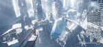 1girl absurdres asteroid_ill backpack bag building commentary_request fog from_above highres ice jacket long_hair minimap orbeetle pokemon pokemon_(creature) pokemon_focus red_jacket regice ruins size_difference skarmory skyscraper snow snowing solo speech_bubble sunlight translation_request user_interface watermark wide_shot 