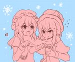  2girls blue_background bow can commentary_request dress drink flying_sweatdrops fuente hair_between_eyes hair_bow hat hat_bow heart holding holding_can long_hair long_sleeves maribel_hearn medium_hair mob_cap multiple_girls necktie open_mouth opening_can pointing scarf shared_clothes shared_scarf sleeve_garter snowflakes sweatdrop touhou usami_renko winter 