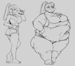 2026 absurd_res anthro belly big_belly big_breasts blush bodily_fluids breasts buckteeth butt chubby_cheeks cleavage cleavage_overflow clothed clothing fat_arms fat_legs female food food_between_breasts grey_background greyscale hi_res holding_food holding_object lagomorph leporid lola_bunny long_ears looney_tunes love_handles mammal monochrome obese obese_anthro obese_female open_mouth overweight overweight_anthro overweight_female rabbit simple_background solo southger standing sweat sweatdrop sweaty_belly teeth warner_brothers weight_gain
