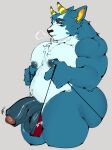 animal_crossing anthro antlers balls belly big_butt big_penis blue_body blue_fur body_hair brown_eyes bruce_(animal_crossing) butt chest_tuft claws clothing clothing_pull countershade_fur countershading dark_nipples dark_penis darkened_balls darkened_genitalia darkened_penis deer digital_drawing_(artwork) digital_media_(artwork) erection eye_bags finger_claws foreskin fur genitals half-closed_eyes hi_res horn humanoid_genitalia humanoid_penis kamaz0tz male mammal mature_male musclegut muscular muscular_male narrowed_eyes nintendo nipples pecs penis sigh simple_background solo standing thick_penis thong throbbing tuft underwear underwear_pull